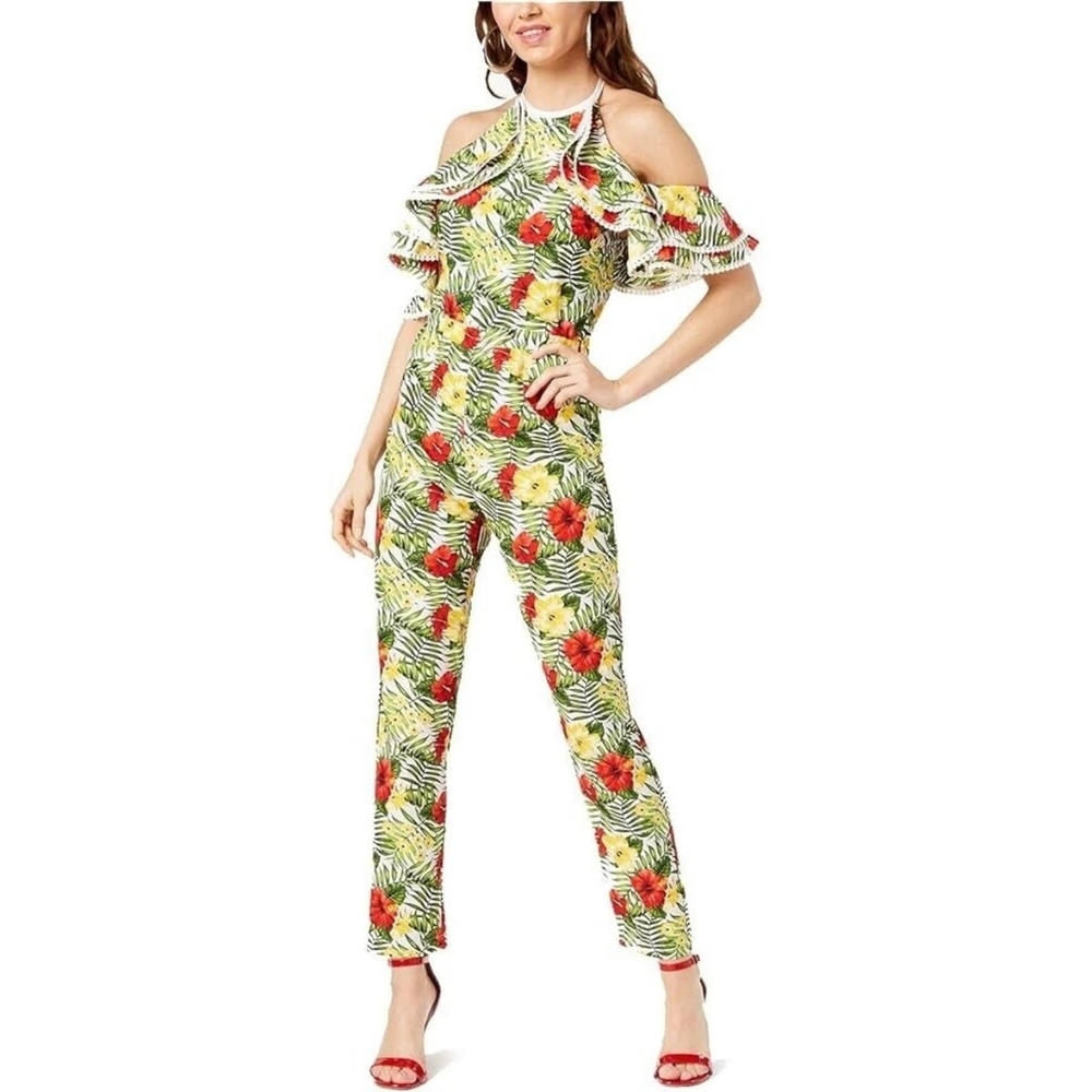 XOXO Juniors' Tropical Floral Jumpsuit - Cold Shoulder Halter Neck - Medium NWT